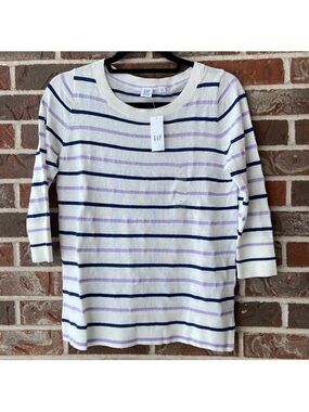 GAP Cream Striped Crewneck Sweater with Navy & Lavender